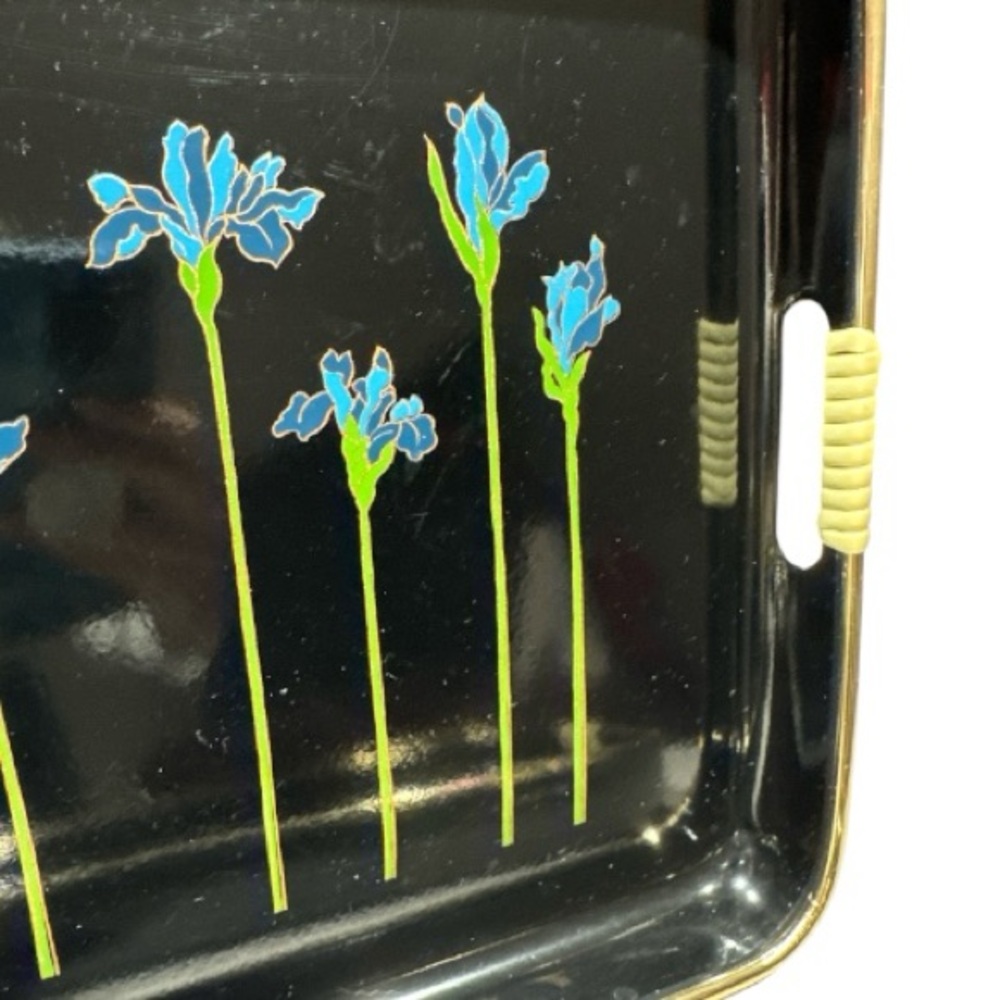 Set of 3 Japanese Lacquerware Nesting Serving Trays Blue Irises Woven Handles - Picture 4 of 12